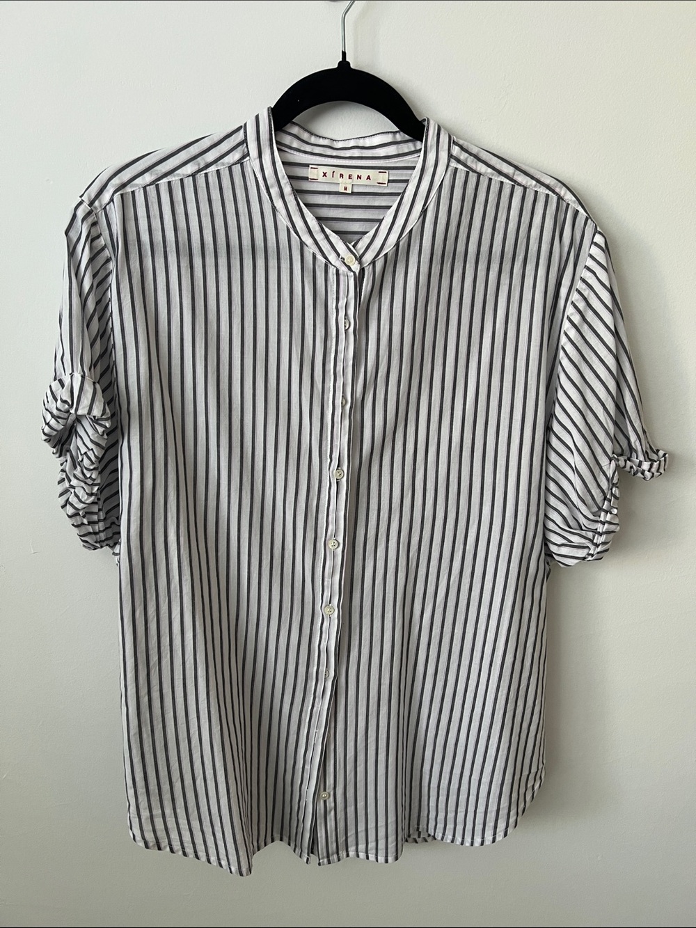 XiRENA White Button-Down Shirt with grey Vertical Stripes
